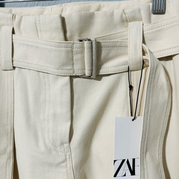 Zara Women Oyster White Bloggers Fav High-Rise Belted Cotton Loose Pants Sz L - Picture 9 of 15